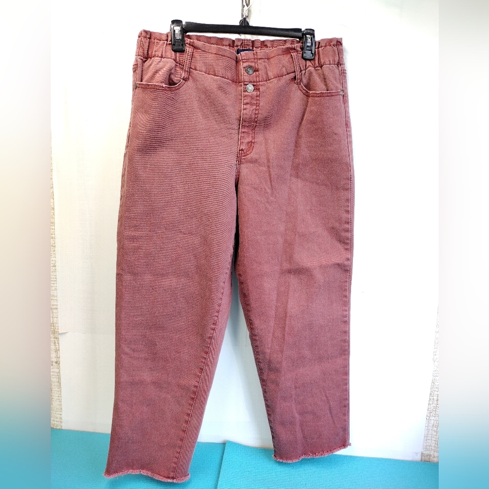 Scoop Women’s Red Wash Crop High-Rise Stretch Jeans Raw Hem Size 16